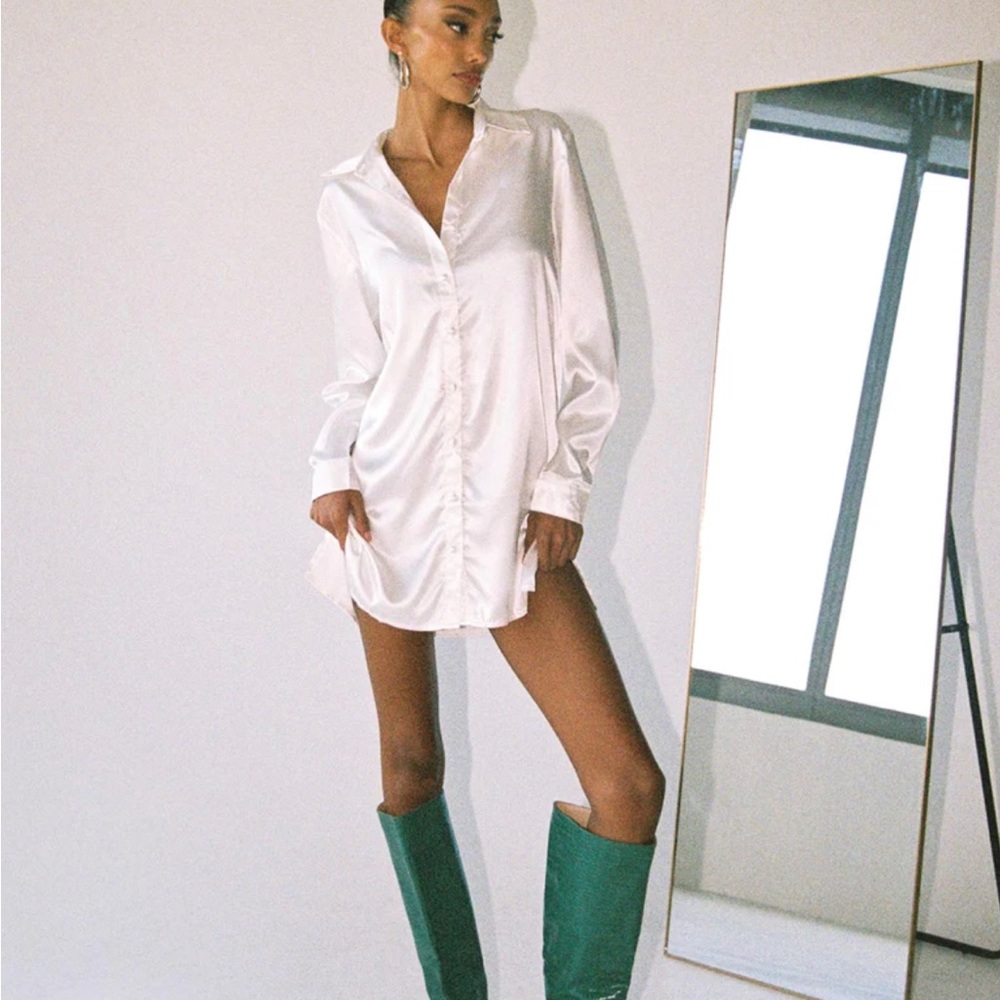 90210 satin shirt mini dress white